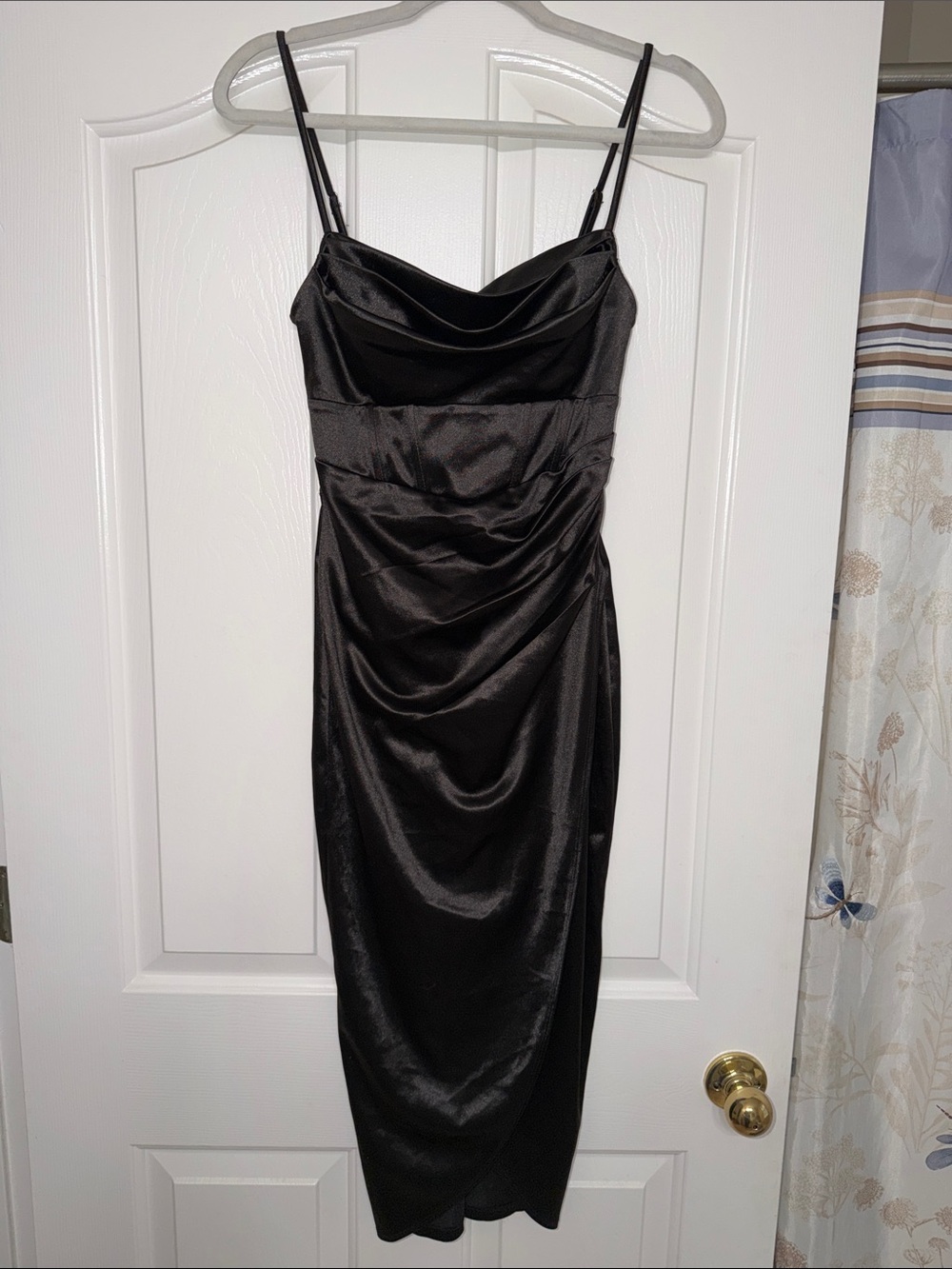 Windsor Black Satin Midi Slip Dress with Cowl Neck